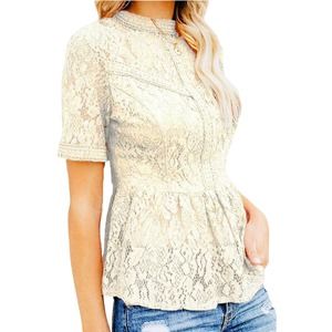 Tobrief Women's Short Sleeve Sheer Mesh Lace Blouse